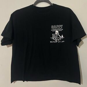“Happy Hour, Because I’m Sad” Black Graphic Cropped Shirt